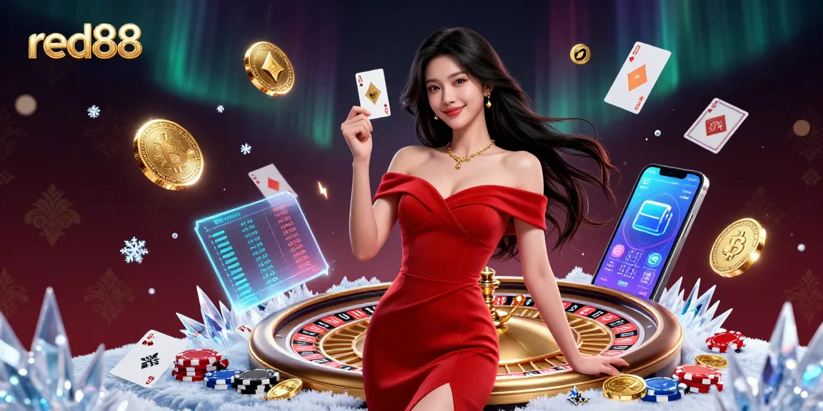Play exciting games at red88, featuring a beautiful dealer with cards and roulette, showcasing vibrant casino elements.