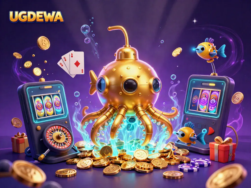 Engage in thrilling slot gameplay with UGDEWA's dynamic underwater adventure scene filled with gold coins and vibrant elements.