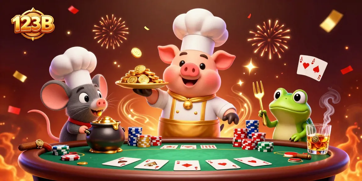 Experience the excitement at 123B with chef pig serving gold coins amid poker chips and captivating casino elements.