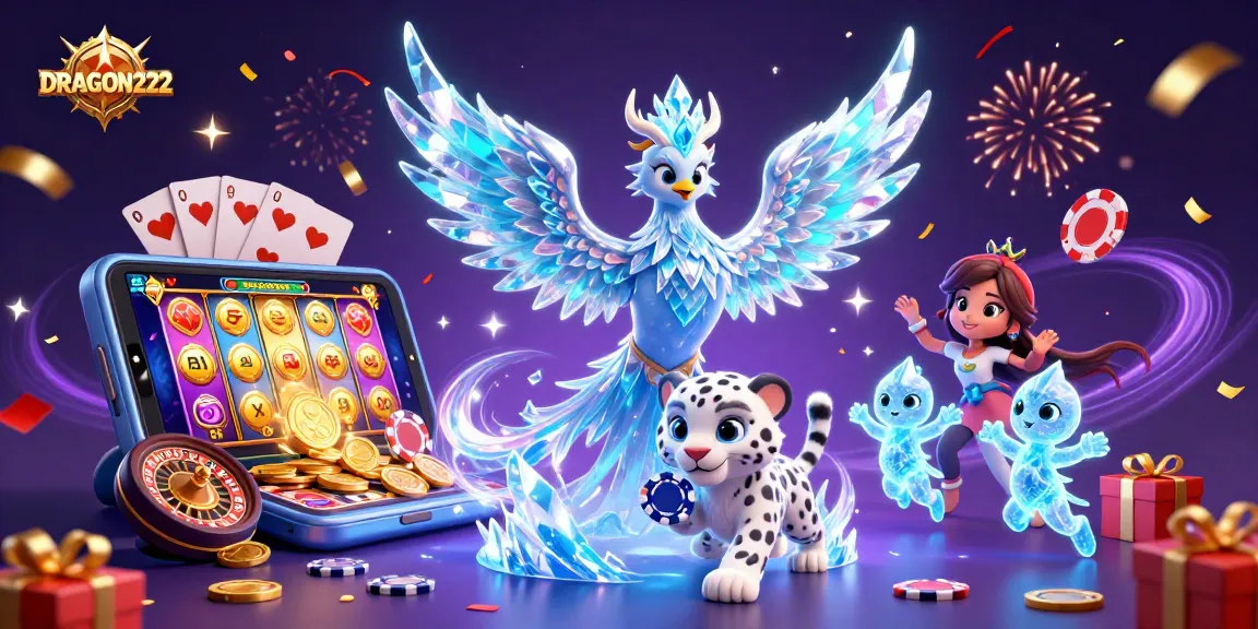 Experience excitement with DRAGON222's vibrant casino scene, showcasing fun gaming elements and magical characters.