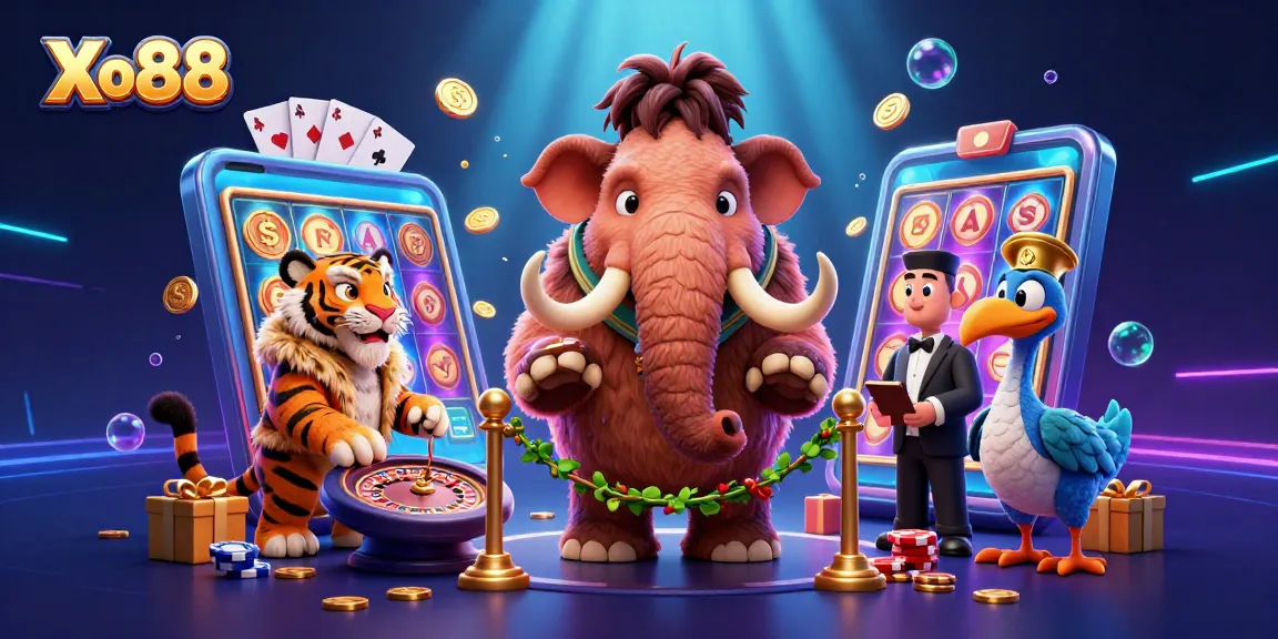 Xo88 showcases a vibrant casino scene with a woolly mammoth bouncer, saber-tooth VIP, and dodo doorman