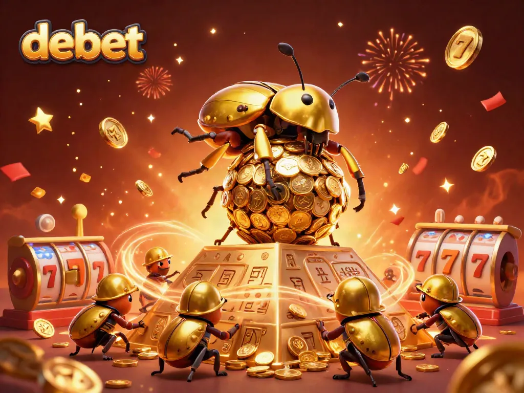 Play and win with Debet's golden coins and dynamic slot game elements in a rich 3D scene.