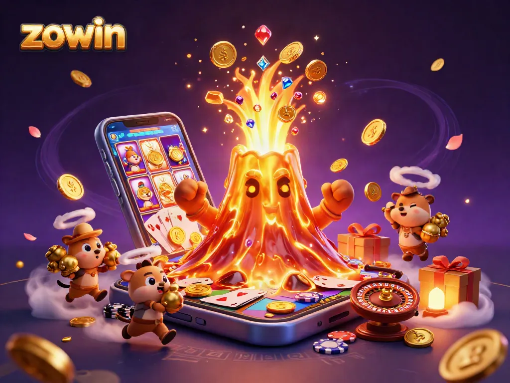 Experience new gaming thrills with Zowin's animated casino adventure, featuring a golden volcano and treasure.