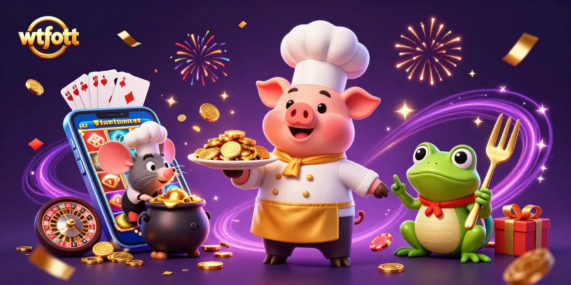 Experience wtfott gaming excitement with a chef pig, sous-chef mouse, and critic frog amidst coins and vibrant slots.