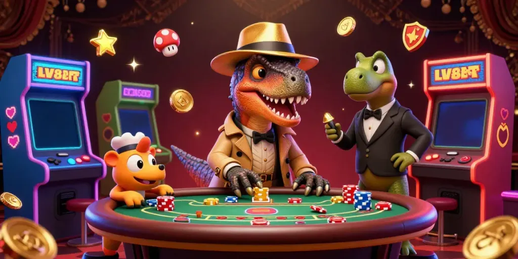 Experience thrilling gaming at lv88 with a velociraptor card counter and dynamic casino elements in a vibrant 3D scene.