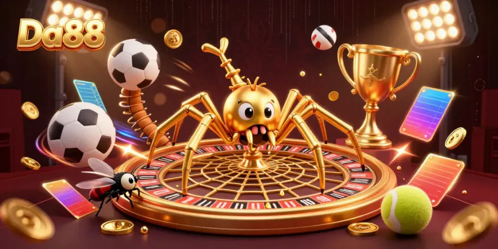 Experience Da88 excitement with a golden spider and centipede dealer in a dynamic casino scene.