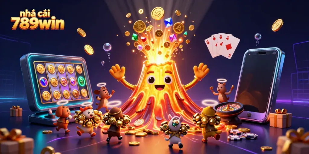 Experience the excitement of nhà cái 789win with a vibrant 3D illustration showcasing a golden volcano erupting coins and gaming elements.