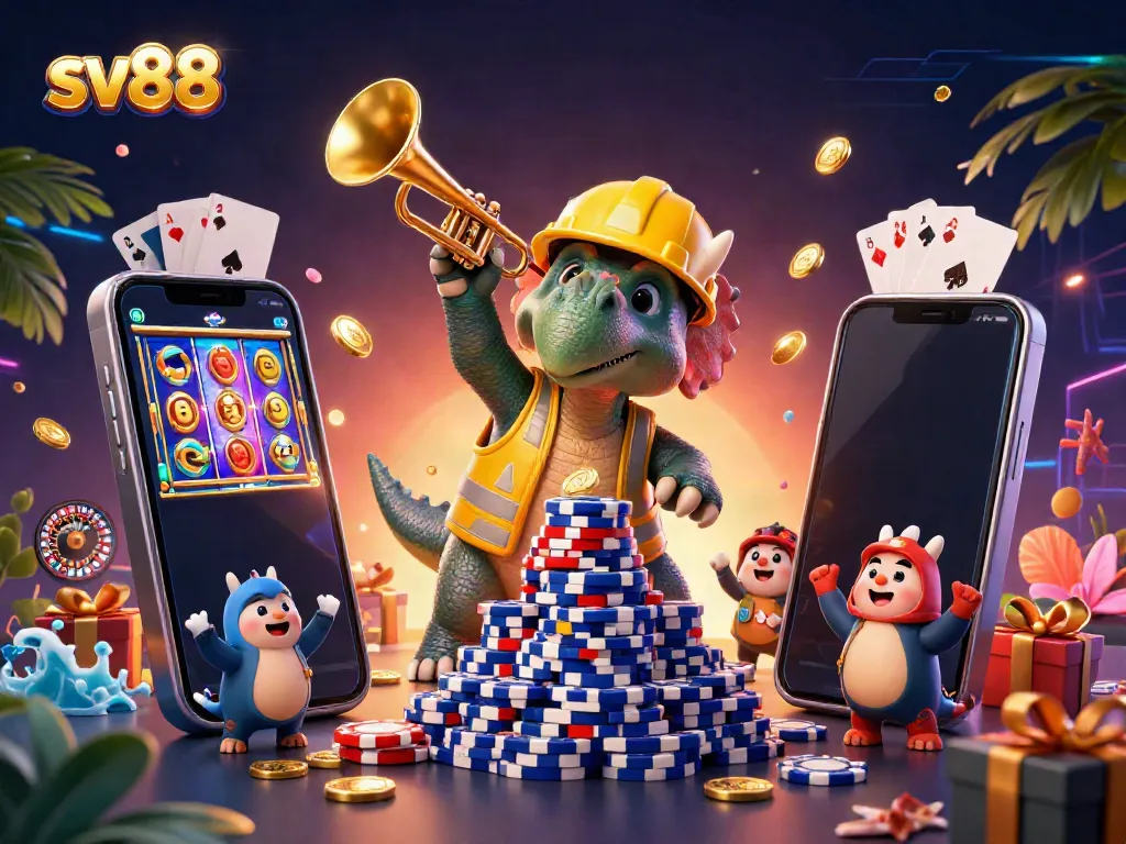 Engage with sv88 in an exciting atmosphere of 3D cartoon characters celebrating with poker chips and slot games.