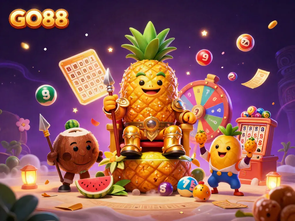 Experience the excitement of GO88 with the vibrant casino-themed illustration featuring unique cartoon characters.
