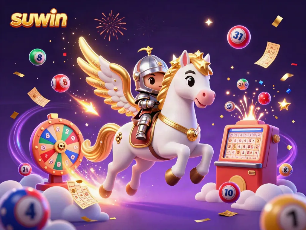 Suwin's thrilling casino adventure with a celestial horse, lottery elements, and vibrant confetti in a magical setting.