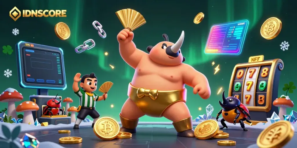 Engage with IDNSCORE's thrilling gaming experience, featuring a rhinoceros beetle champion amidst flying coins and vibrant crypto elements.