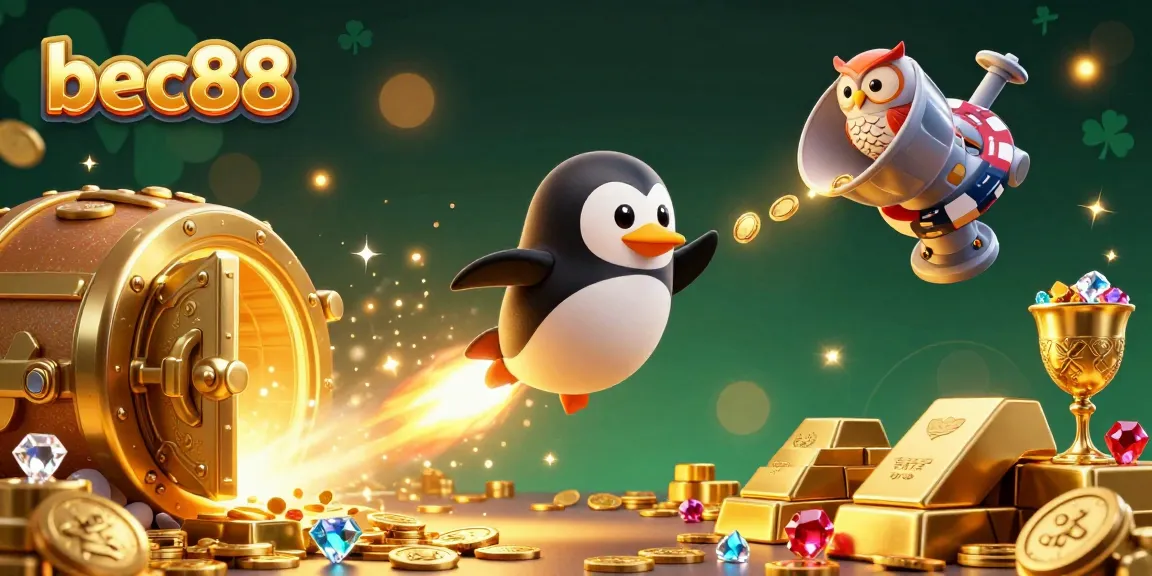 Experience immersive gameplay with bec88 in a vibrant 3D illustration of a golden penguin navigating a casino-themed space with treasures.