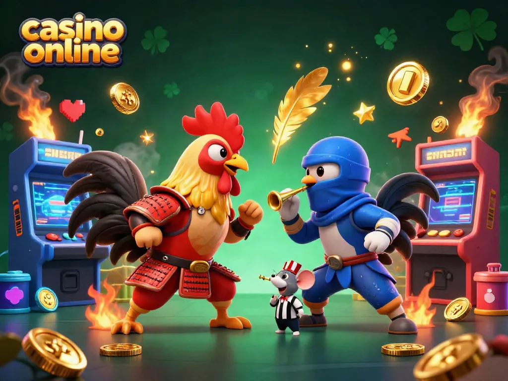 Disfruta de la experiencia del casino online con este emocionante enfrentamiento de gallos en un colorido escenario interactivo.