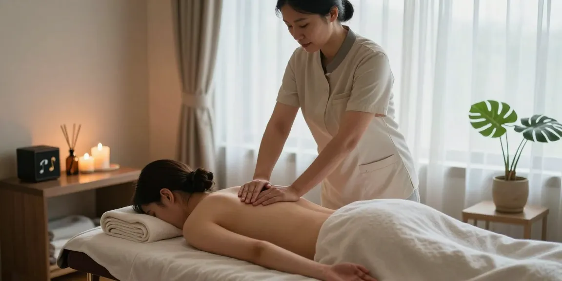 Relaxing 마포출장마사지 being provided in a tranquil therapy room with soothing lighting.