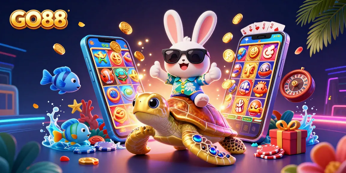 Experience the excitement of GO88 with a vibrant 3D casino scene featuring lucky rabbit and golden turtle.