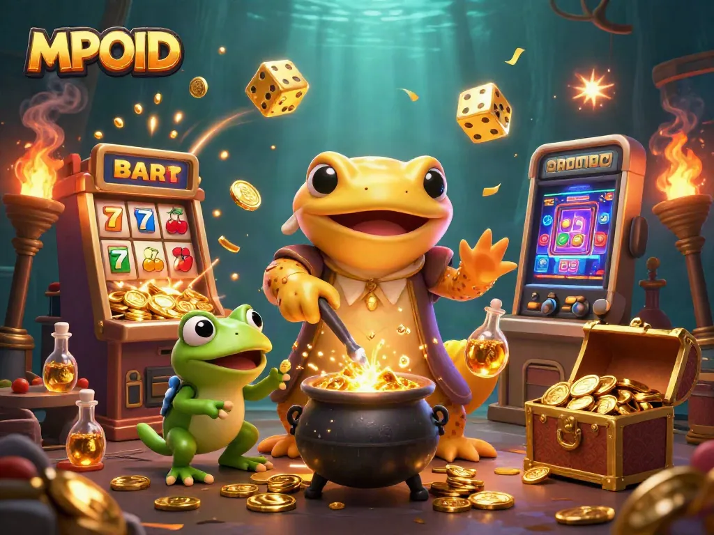 MPOID captivatingly showcases a golden salamander alchemist and frog apprentice in a vibrant casino environment with jackpot explosions.