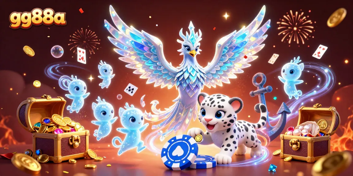 Experience thrilling gameplay at gg88a with an enchanting ice phoenix and snow leopard amidst vibrant casino elements.