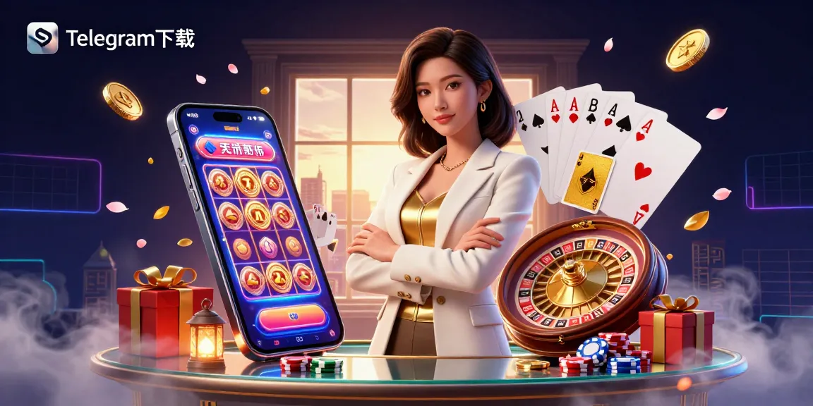 在这个充满活力的在线赌场场景中，优雅的亚洲女性手持金色牌，与动态游戏元素互动，使用Telegram下载。