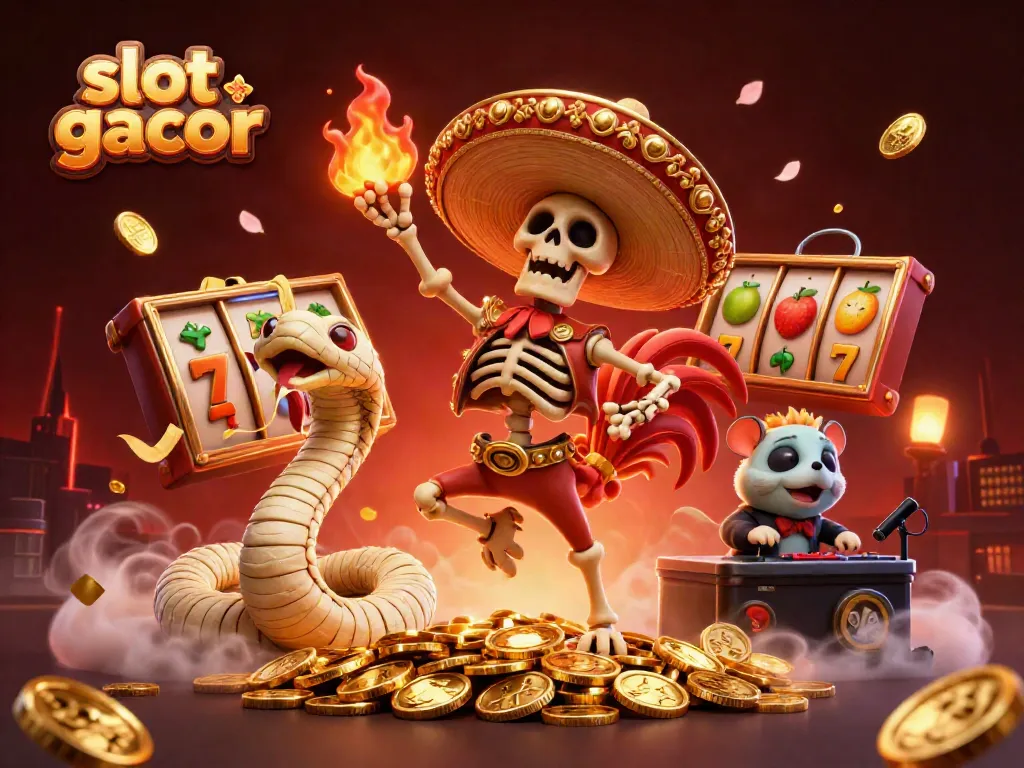 Engage with slot gacor excitement as a festive mariachi rooster dances on golden coins amidst dynamic game elements.