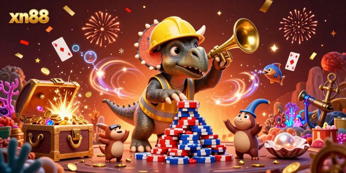 Experience the excitement of xn88 with a 3D triceratops building poker chip pyramids in a casino scene.