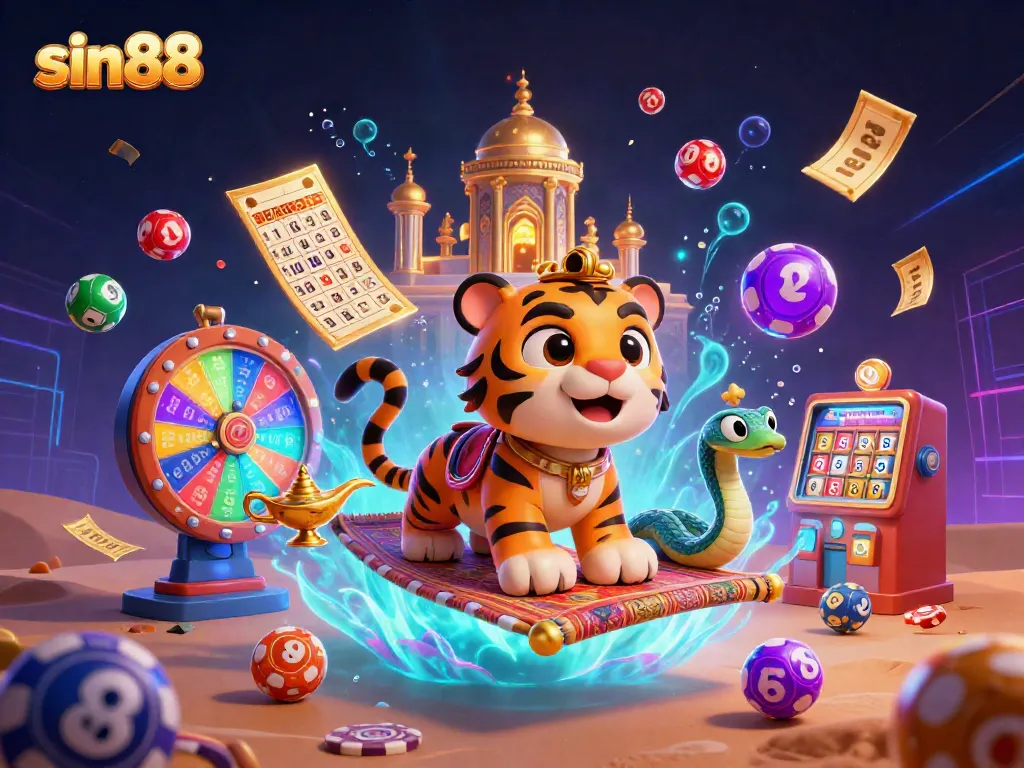 Watch sin88's tiger sultan celebrate wins on a flying carpet while colorful lottery balls bounce around in this vibrant casino scene.
