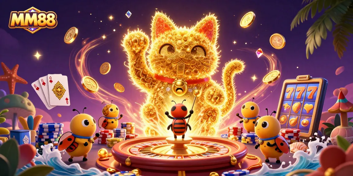 Experience MM88 as golden fireflies gather around a vibrant casino scene filled with thrilling game elements.