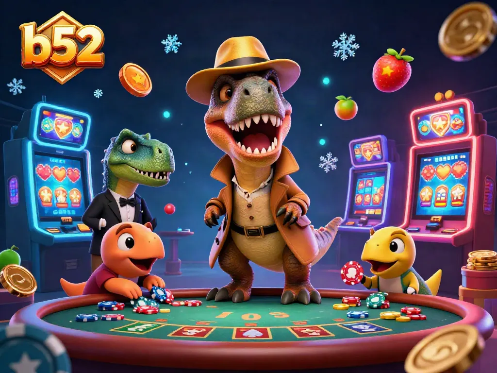 Engage with b52 blackjack action: a velociraptor card counter at the casino amid vibrant slot machines.