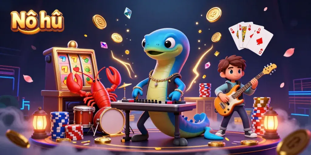 Nổ hũ electrifying gaming scene featuring a DJ eel, lobster drummer, and seahorse guitarist in an underwater casino.