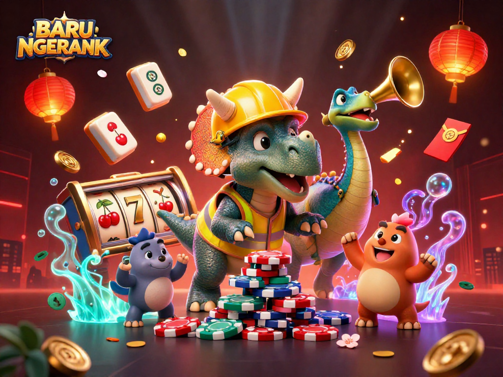 Engage with BARU NGERANK's thrilling casino excitement featuring animated characters building a pyramid of poker chips.