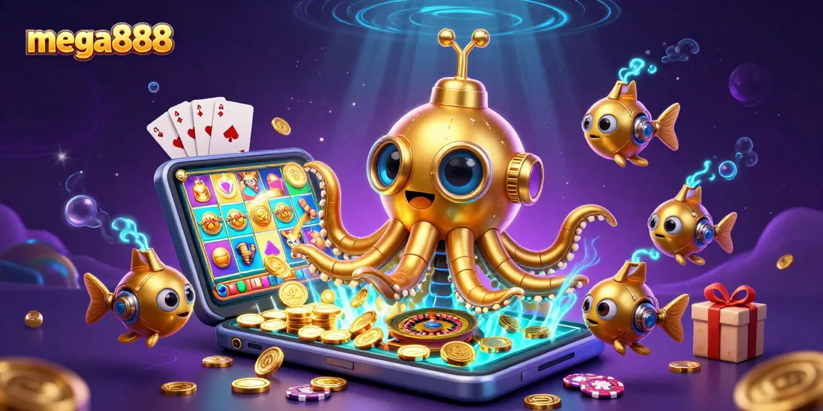 Experience mega888 with a golden kraken submarine amidst gold coins and vibrant slot games
