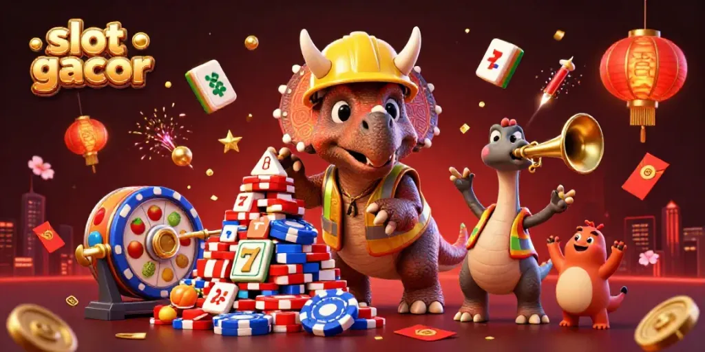 Ilustrasi 3D menampilkan triceratops membangun piramida chip poker, slot gacor dikelilingi elemen permainan menarik.
