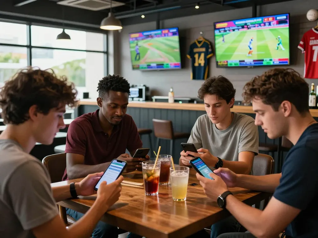 Excited friends placing crickex deposit bets at a modern sports bar