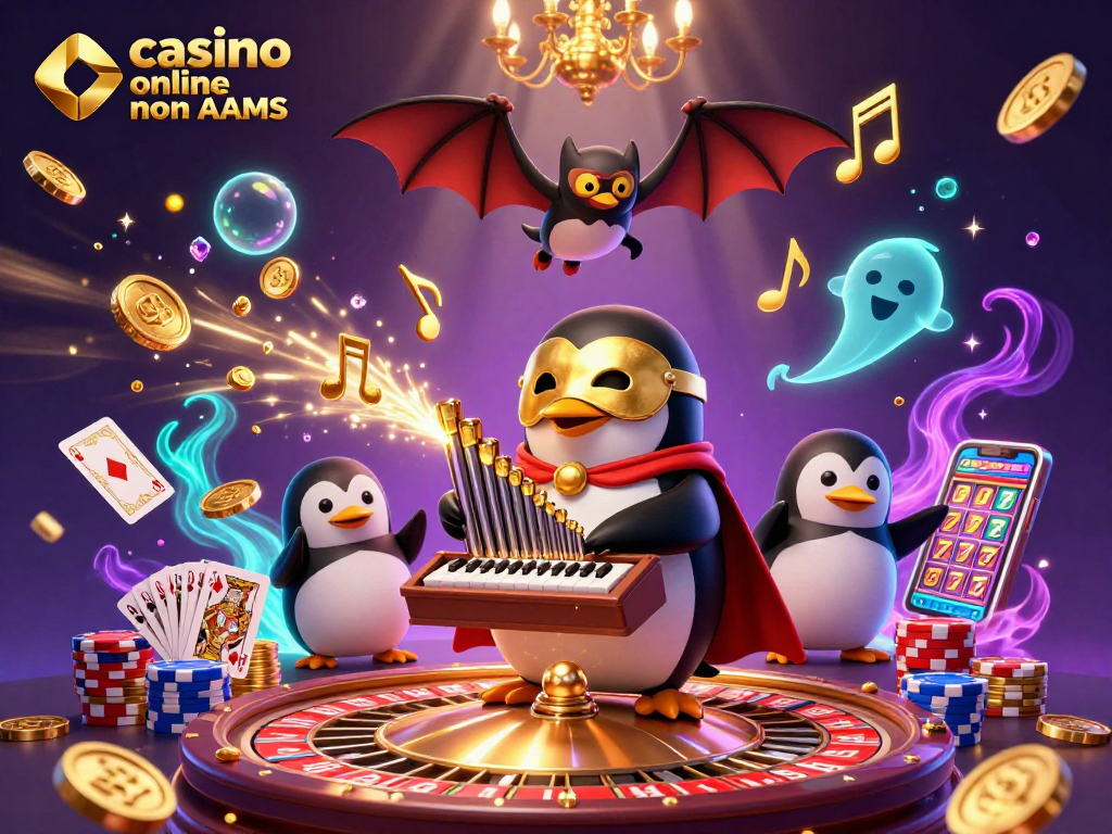 Gioca a casino online non AAMS con un pinguino fantasma, monete e giochi scintillanti in un'illustrazione vivace.
