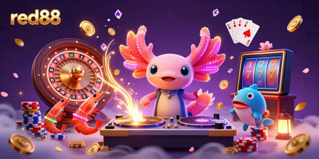 Experience exhilarating gaming sessions at red88 featuring a neon axolotl DJ spinning records in a vibrant casino atmosphere.