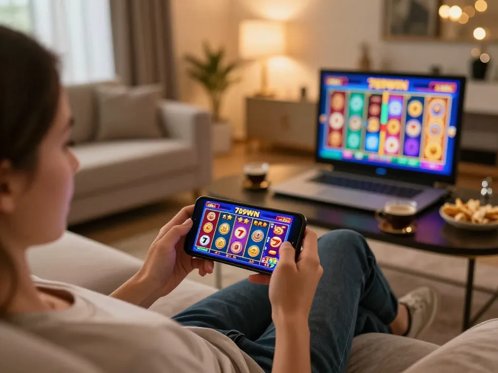 Engaged player enjoying 789WIN mobile casino games in a stylish home environment.