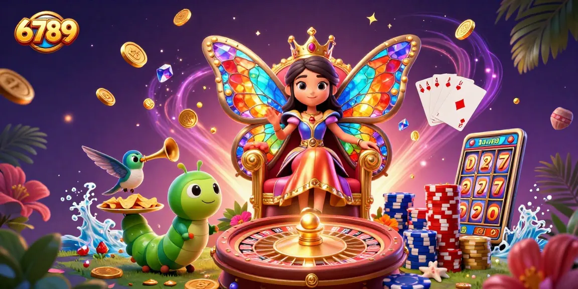 Experience the thrills of 6789 with a butterfly queen illustration amidst vibrant casino elements.