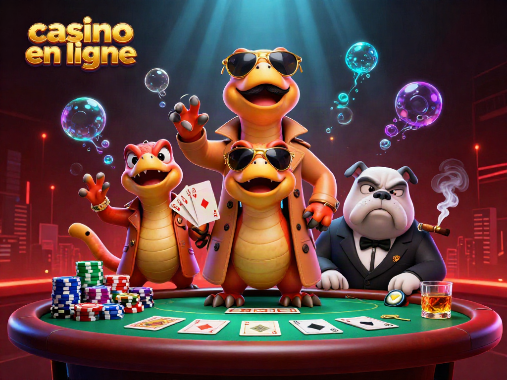 Jouer à casino en ligne avec l'illustration de trois raptors déguisés en personne haute.