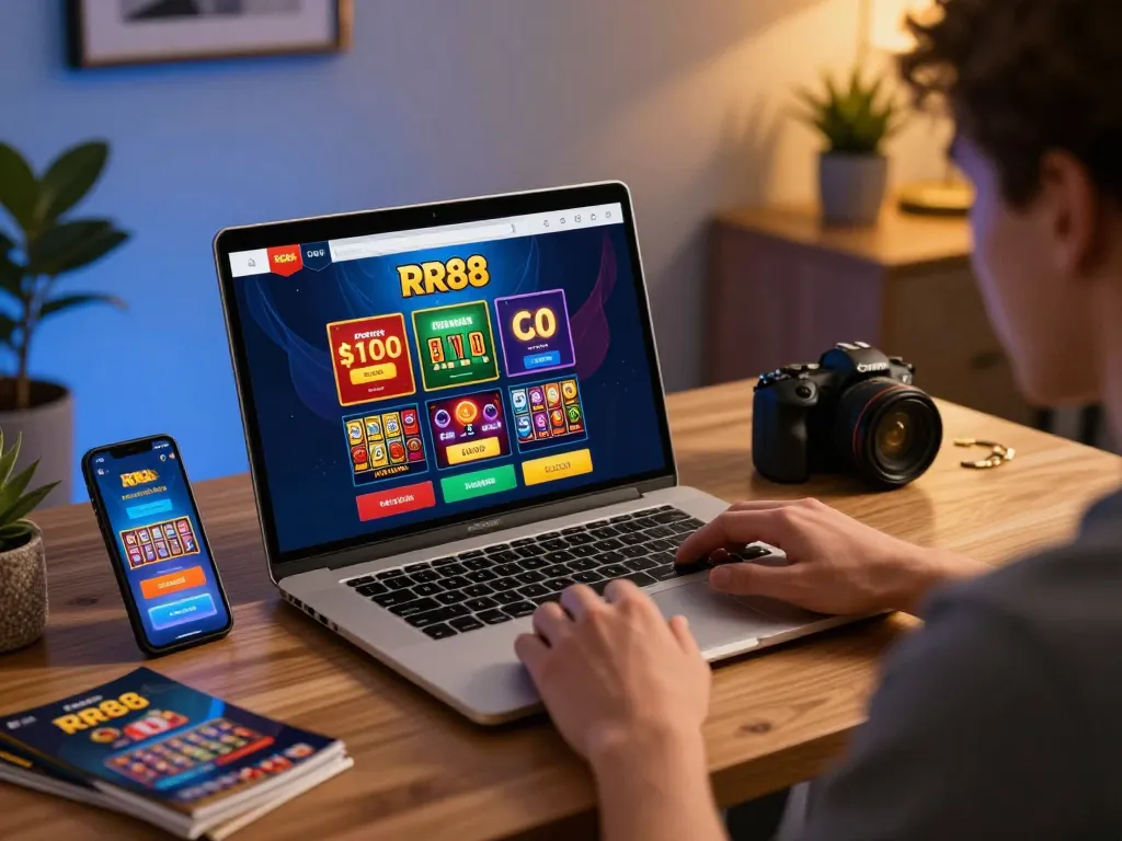 Engaging RR88 online gambling experience featuring a player enjoying live casino games in a cozy modern office.