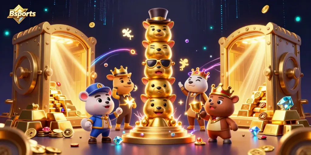 Bets on Bsports with a vibrant 3D illustration of a golden totem pole amidst casino treasures.