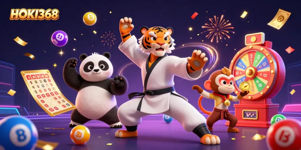 Engage in thrilling lottery action with HOKI368, featuring a kung fu tiger master and vibrant game elements.