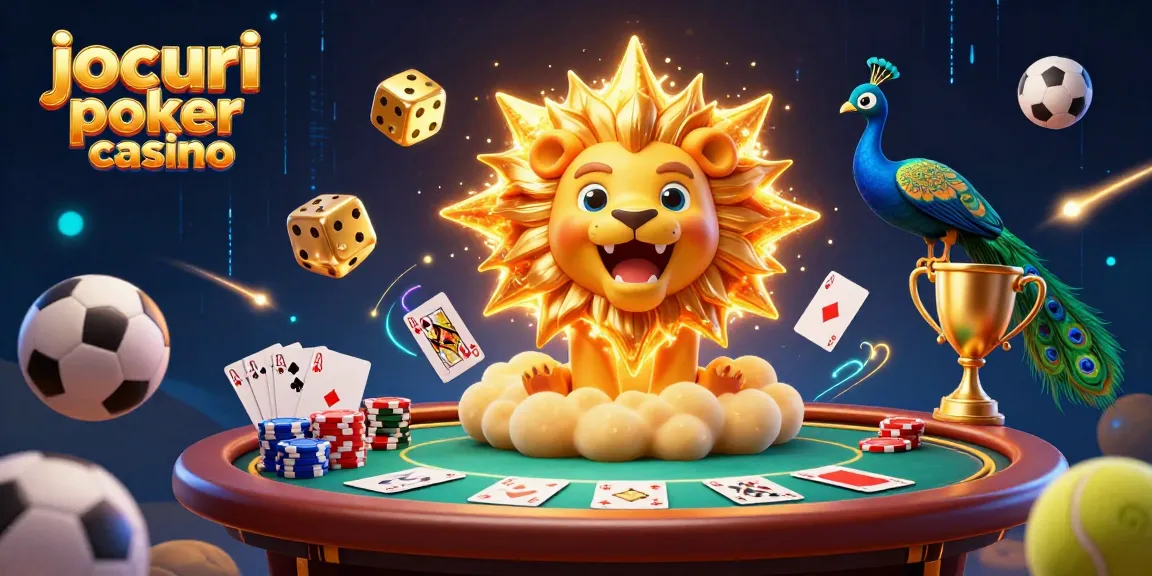 Joacă jocuri poker casino cu mese de poker, jetoane aurii și o mână de royal flush în mijlocul atmosferei electrizante.