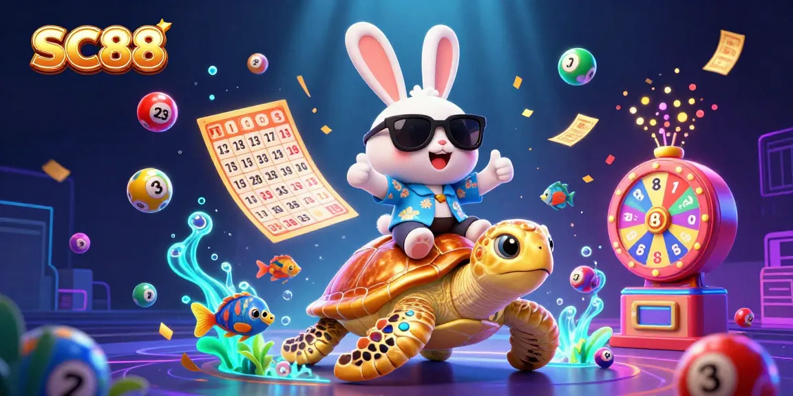Engage with SC88 as the cartoon lucky rabbit rides a golden turtle in vibrant casino fun.