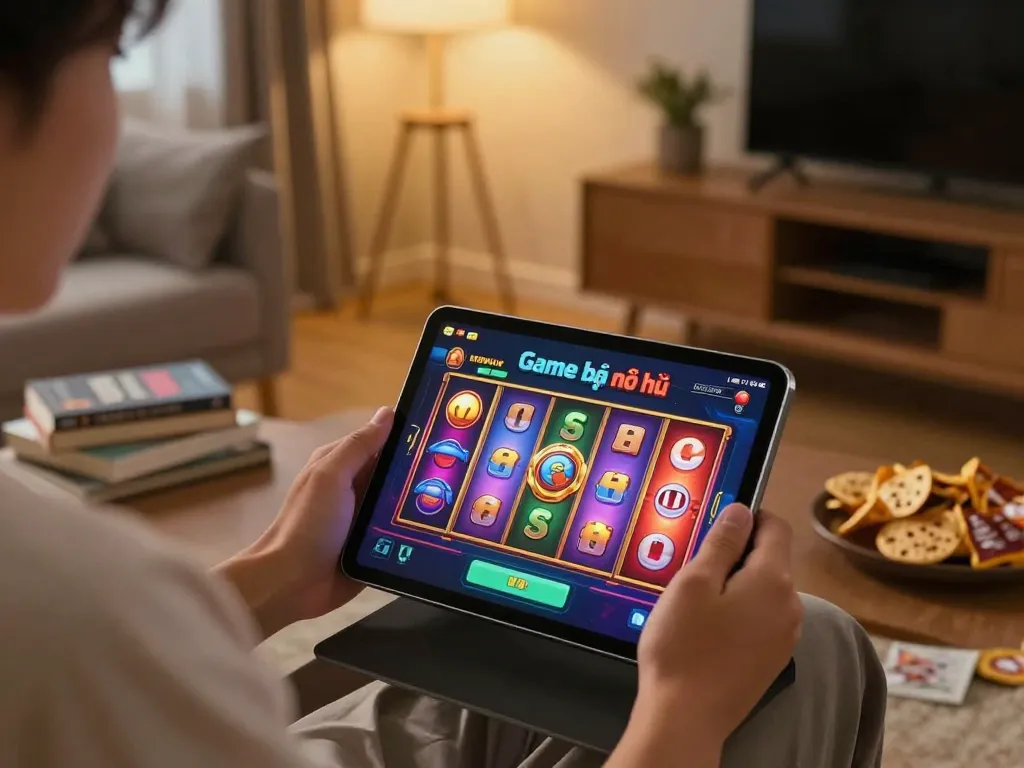 Engaged player enjoying Game bài nổ hũ on tablet, spinning reels in a cozy setting.