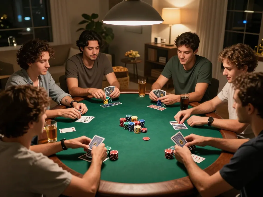 Friends enjoying a lively poker game at home, showcasing the gg88 gaming experience in a social atmosphere
