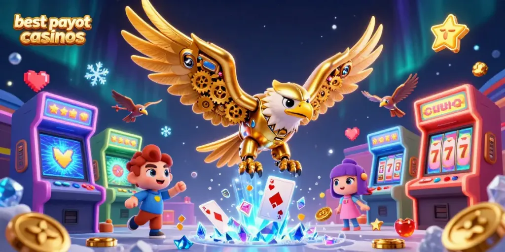 Experience the excitement of the best payout casinos with a vibrant 3D illustration featuring a golden eagle and dynamic casino elements.