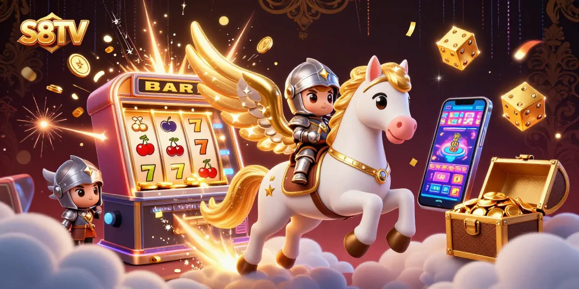 S8TV showcases an exciting scene with a celestial horse, jackpot-filled slots, and dynamic gaming elements.