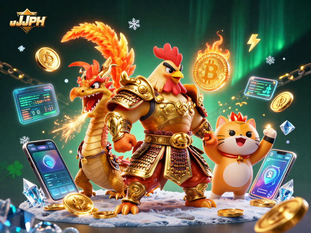 Engage in JJJPH crypto betting with a dynamic scene of a fighting rooster, dragon, and fortune cat.