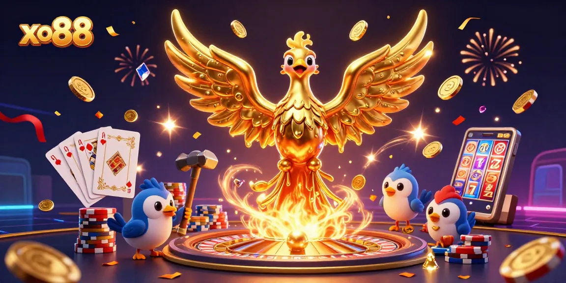 Experience excitement at xo88 with a 3D illustration of a golden phoenix amid casino elements.