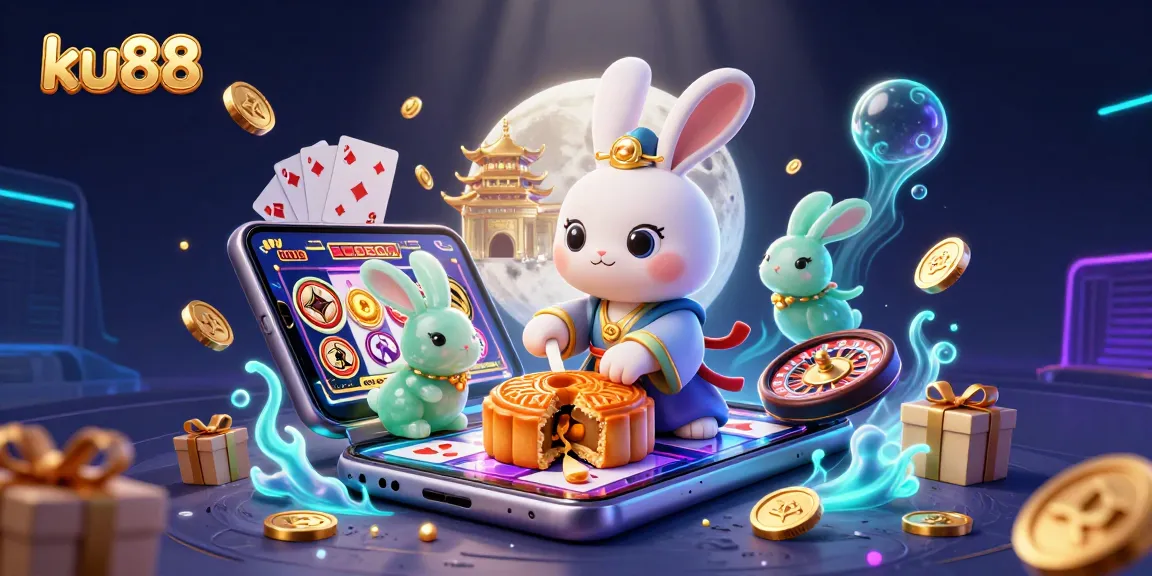 Play slots with ku88's captivating 3D moon rabbit illustration surrounded by casino elements.