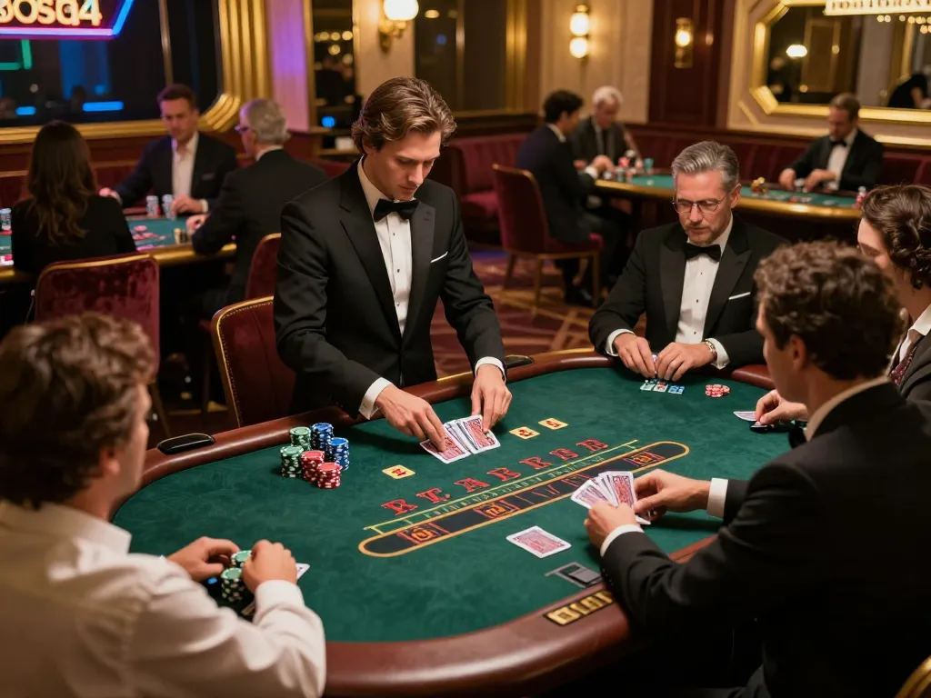 Engaging blackjack game scene at donkeyotdenver showcasing players and dealers in an elegant casino.